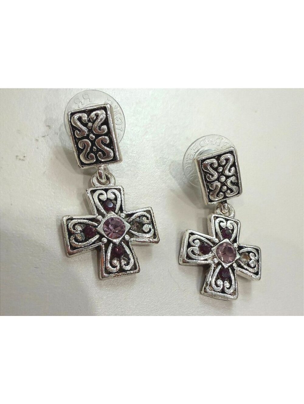 Premier Designs Vintage Silver Tone Cross Dangle Earrings with Purple Stone